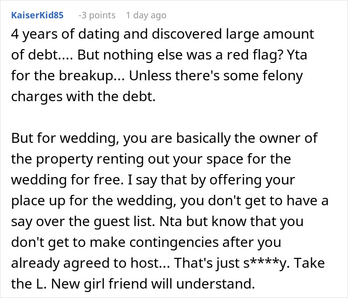 Reddit comment discusses a wedding refusal over a denied plus-one and property use. Reddit comment discusses a wedding refusal over a denied plus-one and property use.