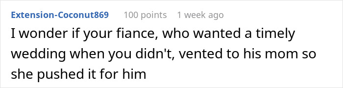 Reddit comment discussing a couple's wedding date chosen by the mother-in-law. Reddit comment discussing a couple's wedding date chosen by the mother-in-law.