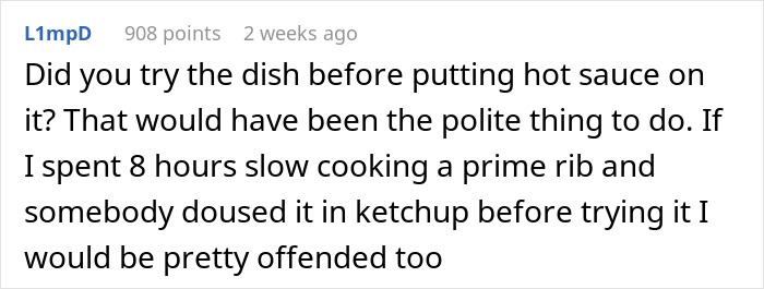 Text comment discussing etiquette and offense of adding sauce without tasting first. Keywords: lasagna, hot sauce. Text comment discussing etiquette and offense of adding sauce without tasting first. Keywords: lasagna, hot sauce.