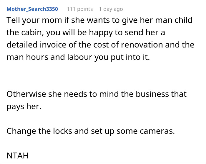 Text post discussing costs and labor for restoring a family cabin, suggesting changes and security measures. Text post discussing costs and labor for restoring a family cabin, suggesting changes and security measures.
