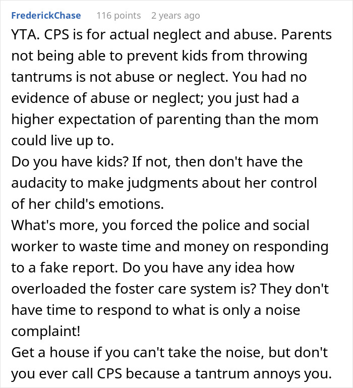 Text response criticizing a woman for calling CPS over toddler tantrums, emphasizing misuse of resources. Text response criticizing a woman for calling CPS over toddler tantrums, emphasizing misuse of resources.