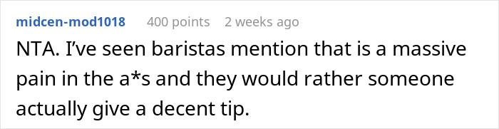 Comment on a forum about a customer refusing to continue a pay-it-forward chain, mentioning baristas' preferences. Comment on a forum about a customer refusing to continue a pay-it-forward chain, mentioning baristas' preferences.
