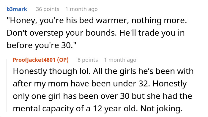 Text exchange discussing a dad's young girlfriend and boundaries, from an online forum. Text exchange discussing a dad's young girlfriend and boundaries, from an online forum.