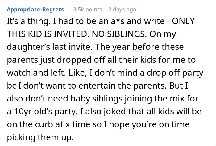 Text post about a parent's experience with RSVPs and unwanted siblings at a child's party. Text post about a parent's experience with RSVPs and unwanted siblings at a child's party.