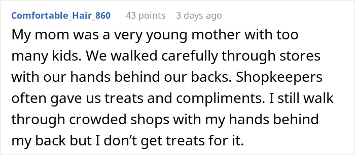 Text from a user explaining why their mom made them walk carefully in stores, hinting at avoiding broken glass. Text from a user explaining why their mom made them walk carefully in stores, hinting at avoiding broken glass.