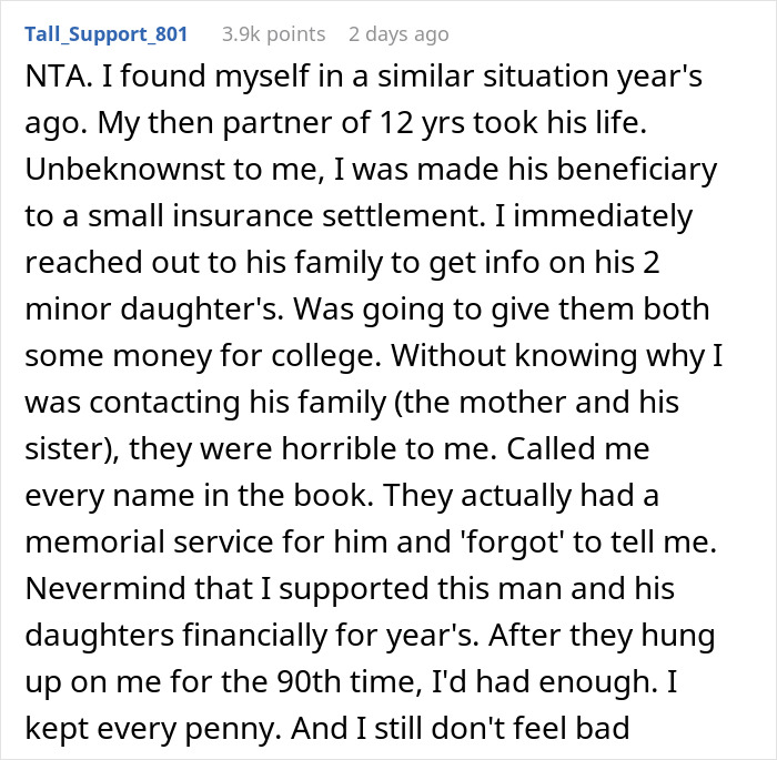 Text post discussing an inheritance scenario involving a friend's daughter. Text post discussing an inheritance scenario involving a friend's daughter.