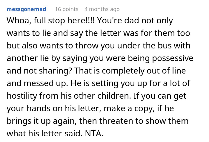 Forum comment discussing family dynamics and sharing brother's final words with half-siblings. Forum comment discussing family dynamics and sharing brother's final words with half-siblings.