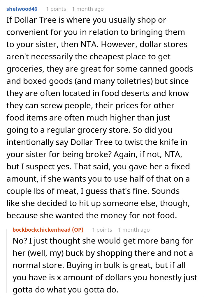 Reddit discussion about offering to buy groceries for a sister from Dollar Tree. Reddit discussion about offering to buy groceries for a sister from Dollar Tree.