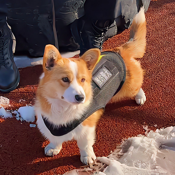 Corgi police dog standing alert on snowy ground, wearing a vest. Corgi police dog standing alert on snowy ground, wearing a vest.