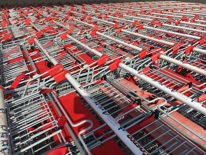 Costco shopping carts lined up in rows outside the store. Costco shopping carts lined up in rows outside the store.