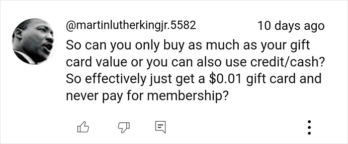 Comment discussing Costco shopping hacks, questioning gift card use and membership requirements. Comment discussing Costco shopping hacks, questioning gift card use and membership requirements.