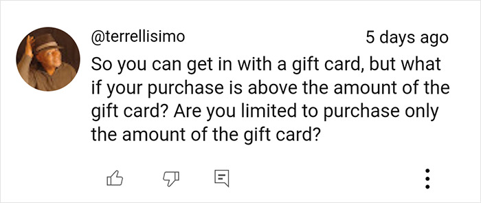 Comment screenshot questioning Costco shopping hacks with a gift card limit. Comment screenshot questioning Costco shopping hacks with a gift card limit.