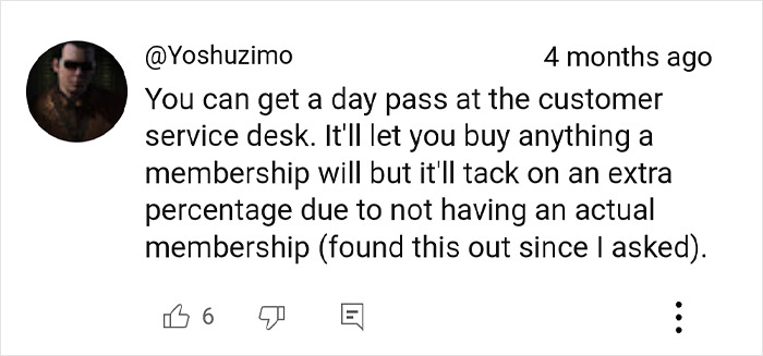 Comment discussing Costco shopping hack of using a day pass with an extra fee. Comment discussing Costco shopping hack of using a day pass with an extra fee.