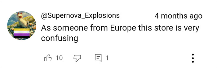 Comment about Costco store being confusing for someone from Europe, highlighting shopping differences. Comment about Costco store being confusing for someone from Europe, highlighting shopping differences.