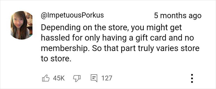 Comment discussing Costco shopping hacks about gift cards and membership variations. Comment discussing Costco shopping hacks about gift cards and membership variations.