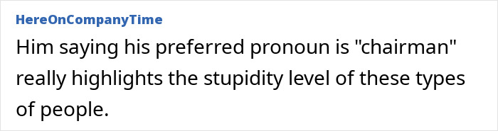 Text response discusses misgendering senator with pronoun "chairman" as an act of malicious compliance. Text response discusses misgendering senator with pronoun "chairman" as an act of malicious compliance.