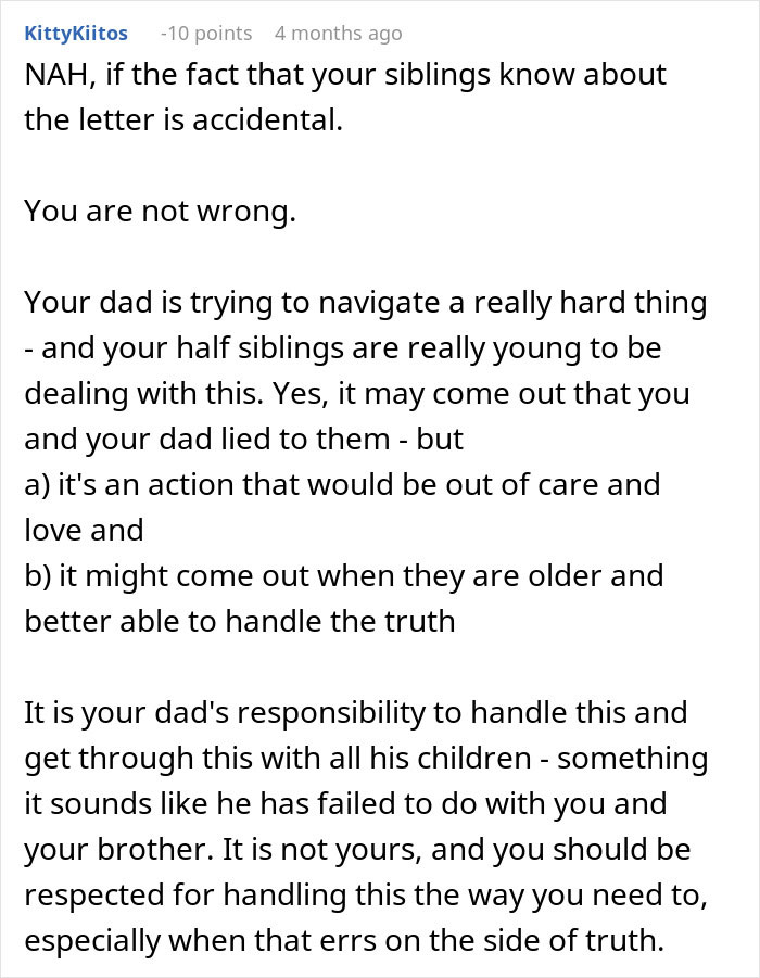 Reddit comment discussing siblings and a father's responsibility with half-siblings. Reddit comment discussing siblings and a father's responsibility with half-siblings.