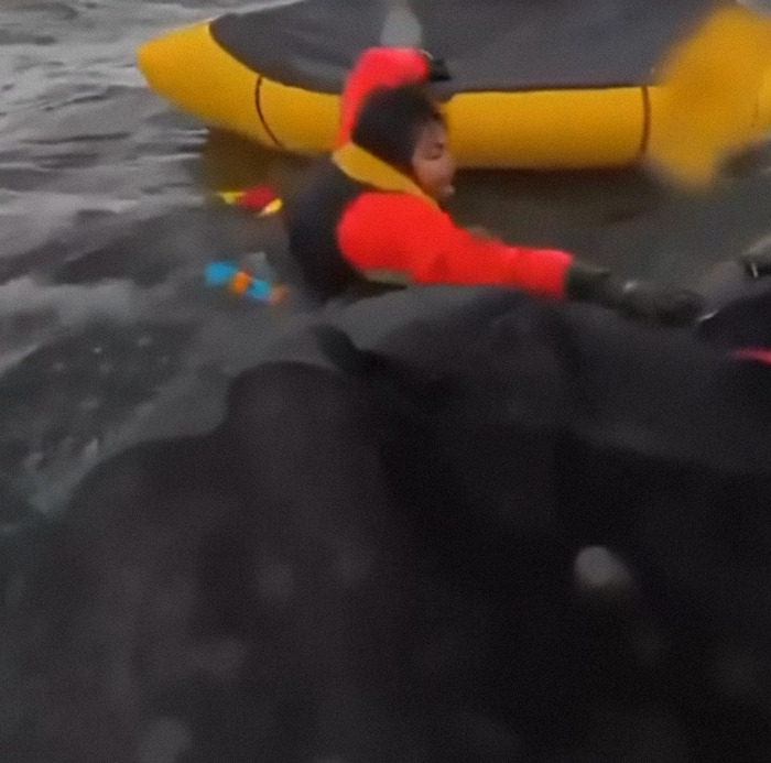 Son in a red life jacket near a yellow kayak, in a surreal whale encounter on the water. Son in a red life jacket near a yellow kayak, in a surreal whale encounter on the water.