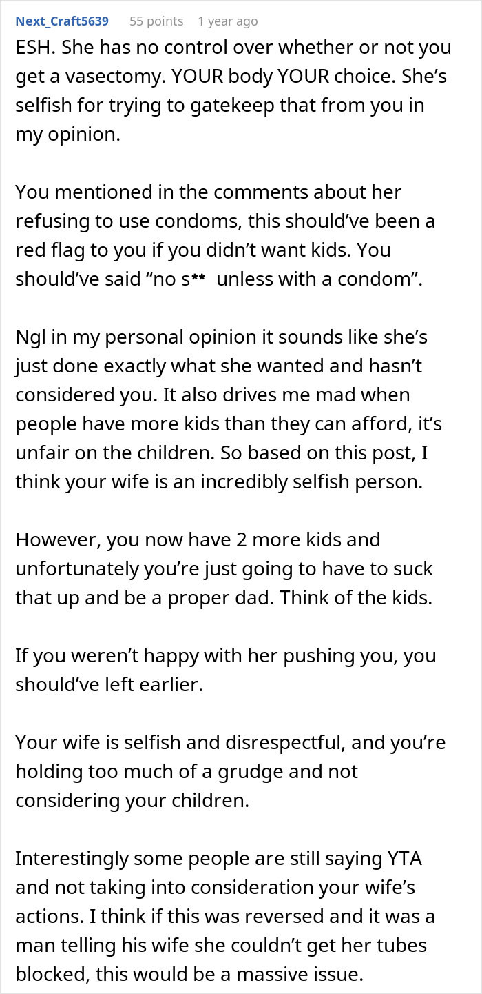 Text from an online discussion about vasectomy disagreements within a relationship. Text from an online discussion about vasectomy disagreements within a relationship.