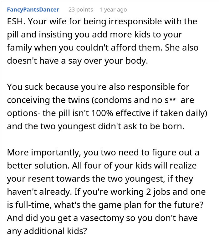 Text critique regarding dad refusing to help with newborn twins due to vasectomy disagreement. Text critique regarding dad refusing to help with newborn twins due to vasectomy disagreement.