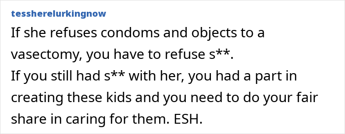Text discussing shared responsibility in parenting newborn twins amidst a vasectomy disagreement. Text discussing shared responsibility in parenting newborn twins amidst a vasectomy disagreement.