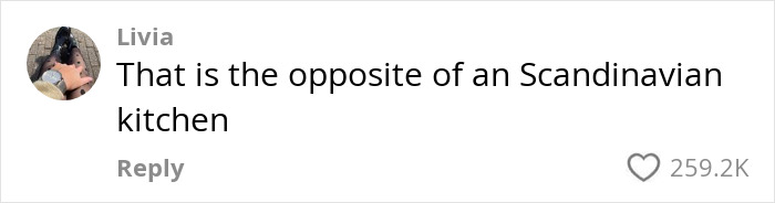 Comment about kitchen transformation, noting it's the opposite of Scandinavian, with 259.2K likes. Comment about kitchen transformation, noting it's the opposite of Scandinavian, with 259.2K likes.