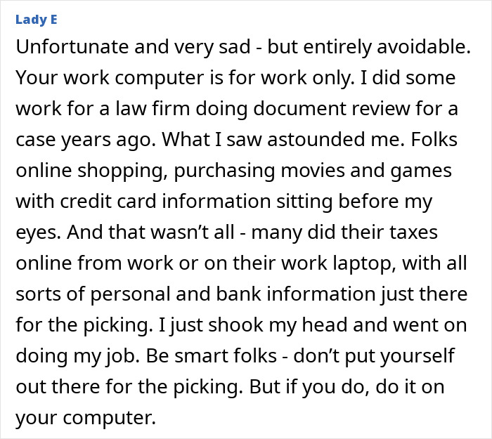 Text discussing the misuse of work computers, highlighting security risks like online shopping and personal data exposure. Text discussing the misuse of work computers, highlighting security risks like online shopping and personal data exposure.