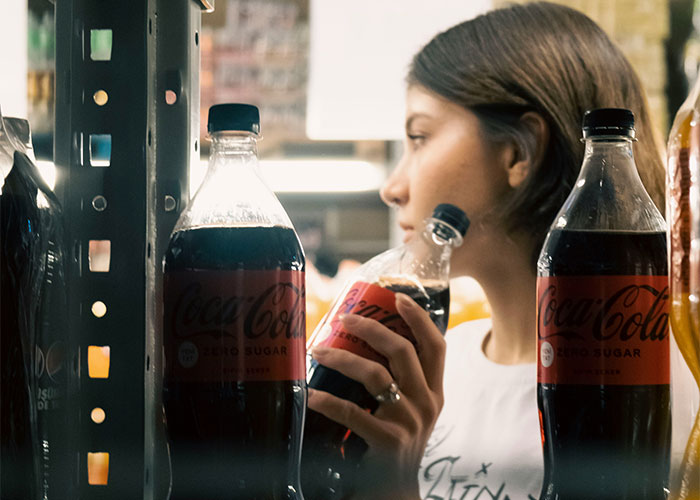 Woman holding Coke bottles in a store aisle, showcasing job challenges highlighted by her lateness. Woman holding Coke bottles in a store aisle, showcasing job challenges highlighted by her lateness.