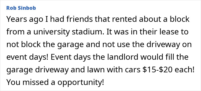 Text conversation about a landlord renting parking space during stadium events, highlighting an opportunity missed. Text conversation about a landlord renting parking space during stadium events, highlighting an opportunity missed.