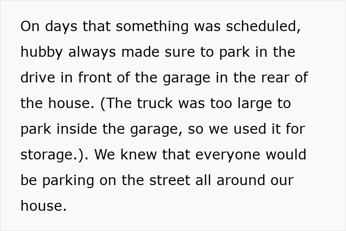 Text detailing parking logistics at a house and implications for neighborhood parking situations, related to entitled Karens. Text detailing parking logistics at a house and implications for neighborhood parking situations, related to entitled Karens.