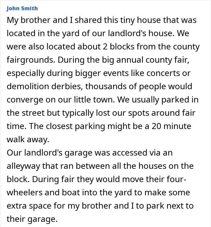 Text discussing challenges of parking near county fair and sharing a small house. Text discussing challenges of parking near county fair and sharing a small house.