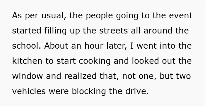 Text image about vehicles blocking access during an event near a school. Text image about vehicles blocking access during an event near a school.