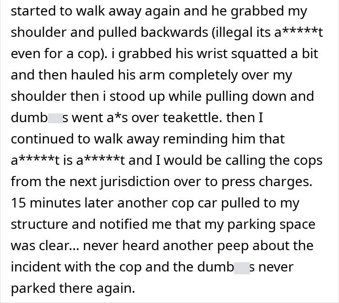 Text about an altercation involving blocking, police, and legal consequences. Key mention: entitled actions and repercussions. Text about an altercation involving blocking, police, and legal consequences. Key mention: entitled actions and repercussions.