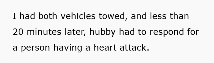 Text about vehicles being towed, followed by a heart attack emergency, linked to entitled Karens blocking an ambulance. Text about vehicles being towed, followed by a heart attack emergency, linked to entitled Karens blocking an ambulance.