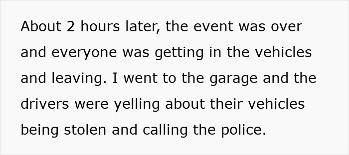 Text describing an event where vehicles were taken, causing drivers to call the police, linking to the keyword “Entitled Karens.” Text describing an event where vehicles were taken, causing drivers to call the police, linking to the keyword “Entitled Karens.”