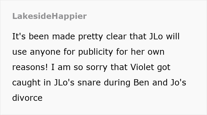 Text discussing Ben Affleck, Jennifer Garner's daughter, and JLo's motives during their divorce. Text discussing Ben Affleck, Jennifer Garner's daughter, and JLo's motives during their divorce.
