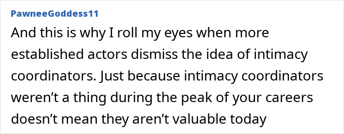Social media comment supporting intimacy coordinators in acting. Social media comment supporting intimacy coordinators in acting.
