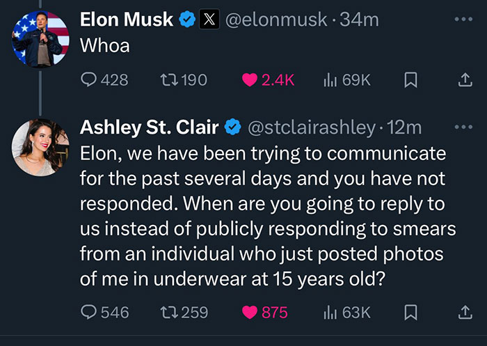 Elon Musk commenting "Whoa" on Twitter thread by Ashley St. Clair about communication issues and public responses. Elon Musk commenting "Whoa" on Twitter thread by Ashley St. Clair about communication issues and public responses.