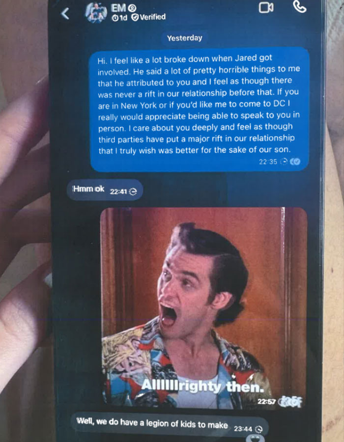 Screenshot of a conversation involving Elon Musk, showing a text exchange and a Jim Carrey GIF. Screenshot of a conversation involving Elon Musk, showing a text exchange and a Jim Carrey GIF.