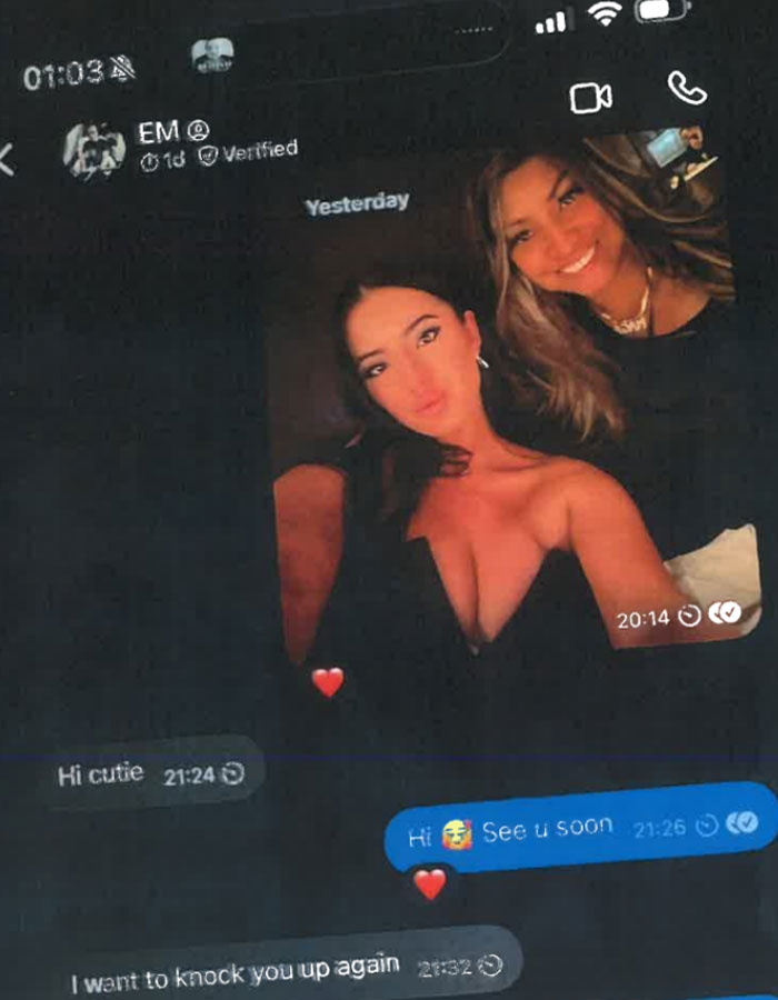 Text exchange involving Elon Musk and a photo with two women, focusing on a personal context. Text exchange involving Elon Musk and a photo with two women, focusing on a personal context.