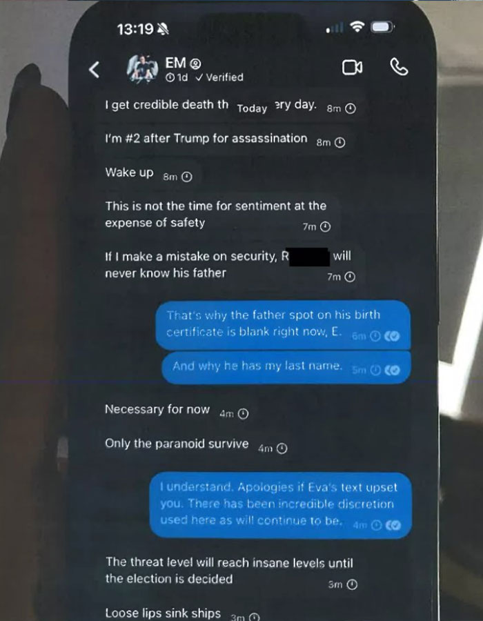 Text messages on a phone screen related to Elon Musk and security concerns. Text messages on a phone screen related to Elon Musk and security concerns.