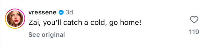 Comment on social media referencing a photoshoot in the snow with a playful warning about catching a cold. Comment on social media referencing a photoshoot in the snow with a playful warning about catching a cold.