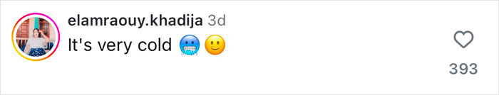 Comment with "It's very cold" and cold emojis, related to a Bella Hadid photoshoot in the snow. Comment with "It's very cold" and cold emojis, related to a Bella Hadid photoshoot in the snow.