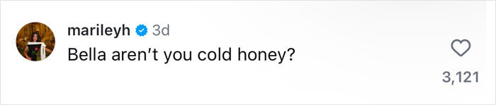 A comment questioning if Bella Hadid is cold, related to her snowy photoshoot in a bikini. A comment questioning if Bella Hadid is cold, related to her snowy photoshoot in a bikini.