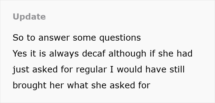 Text update about a coworker's decaf coffee choice, related to gifting coffee at work. Text update about a coworker's decaf coffee choice, related to gifting coffee at work.