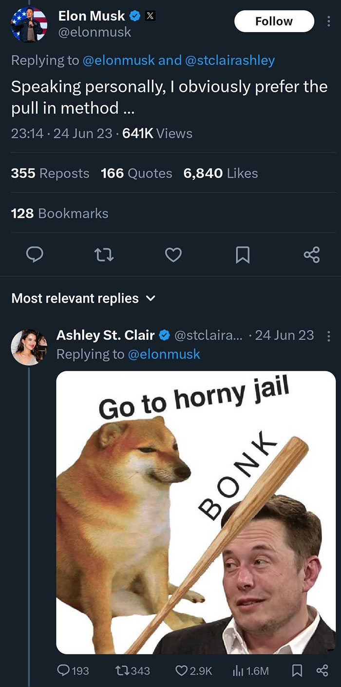Elon Musk tweets with Ashley St. Clair featuring meme with dog and baseball bat. Elon Musk tweets with Ashley St. Clair featuring meme with dog and baseball bat.