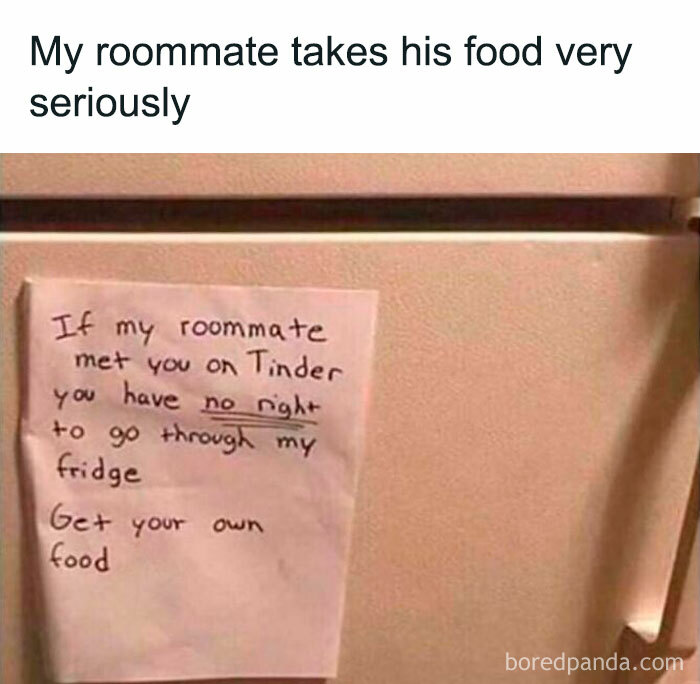Funny men's humor meme with a note on a fridge about Tinder dates not taking food.