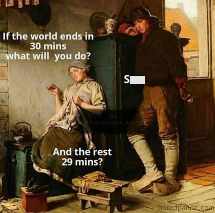 Two people in vintage style art exchanging a humorous meme dialogue about world ending, highlighting random meme humor.