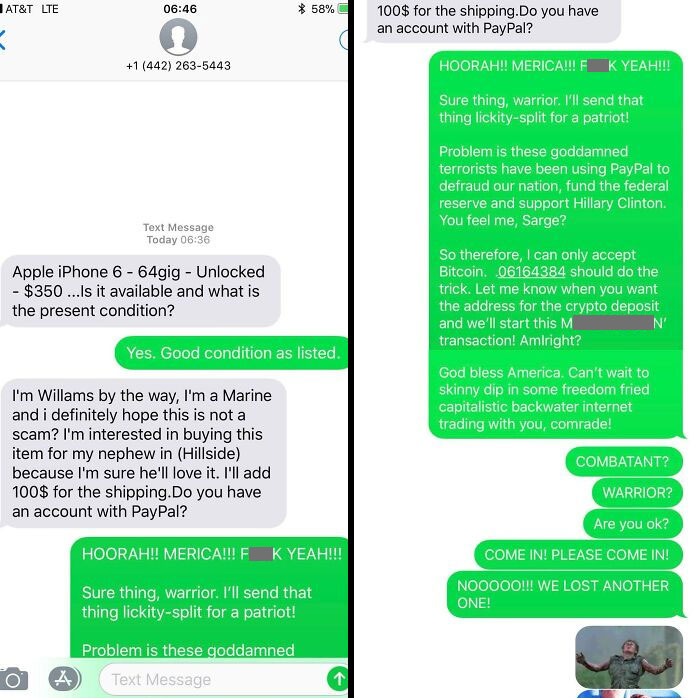 Humorous response in text exchange with scammer about iPhone purchase.