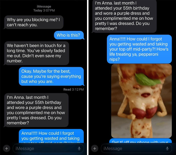 Text conversation with a funny-scammer-response about a fake birthday party memory and a humorous pizza image.